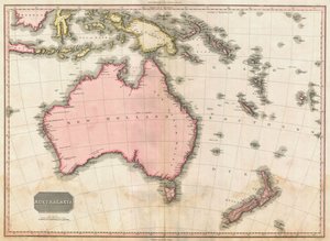 John Pinkertonin kartta Australiasta ja Lounais-Tyynenmerestä, 1818 (värikaiverrus)
